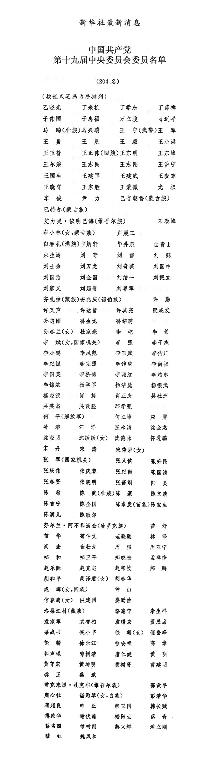 中國共產(chǎn)黨第十九屆中央委員會(huì)委員名單
