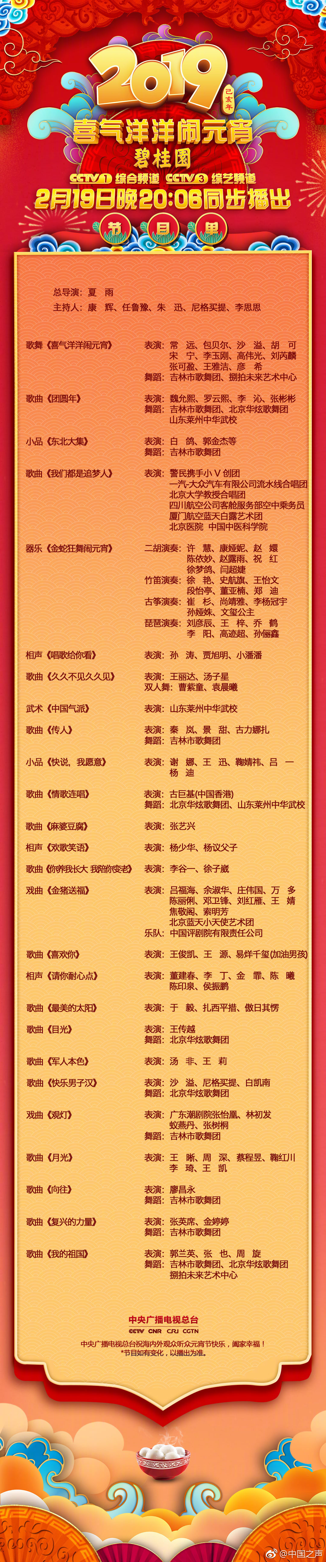 2019年央視元宵晚會(huì)節(jié)目單來了！你最期待誰的表演？