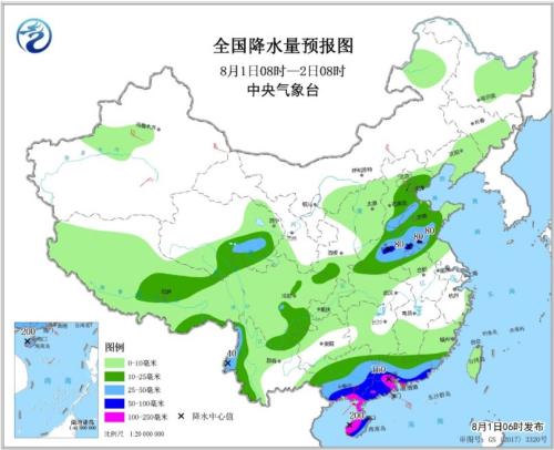 全國降水量預(yù)報(bào)圖(8月1日8時(shí)-2日8時(shí))