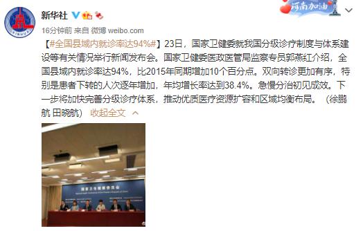 國(guó)家衛(wèi)健委：分級(jí)診療取得階段性成效 全國(guó)縣域內(nèi)就診率達(dá)94%