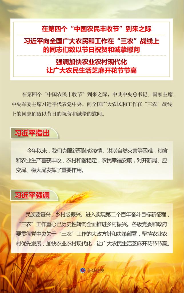 習(xí)近平向全國(guó)廣大農(nóng)民和工作在“三農(nóng)”戰(zhàn)線(xiàn)上的同志們致以節(jié)日祝賀和誠(chéng)摯慰問(wèn)