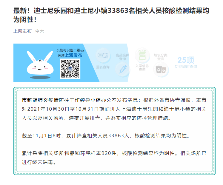 上海迪士尼33863名相關(guān)人員核酸檢測(cè)結(jié)果均為陰性