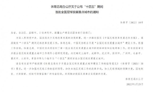 “十四五”期間首批全國足球發(fā)展重點城市公布