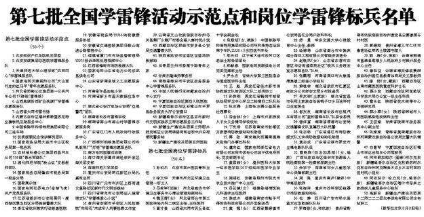 中宣部命名第七批全國學(xué)雷鋒活動(dòng)示范點(diǎn)和崗位學(xué)雷鋒標(biāo)兵