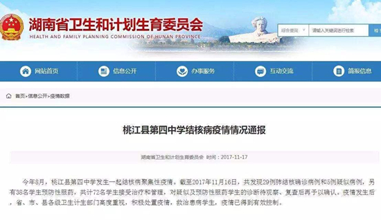 湖南桃江縣肺結(jié)核疫情：50名學(xué)生已達(dá)復(fù)學(xué)標(biāo)準(zhǔn)